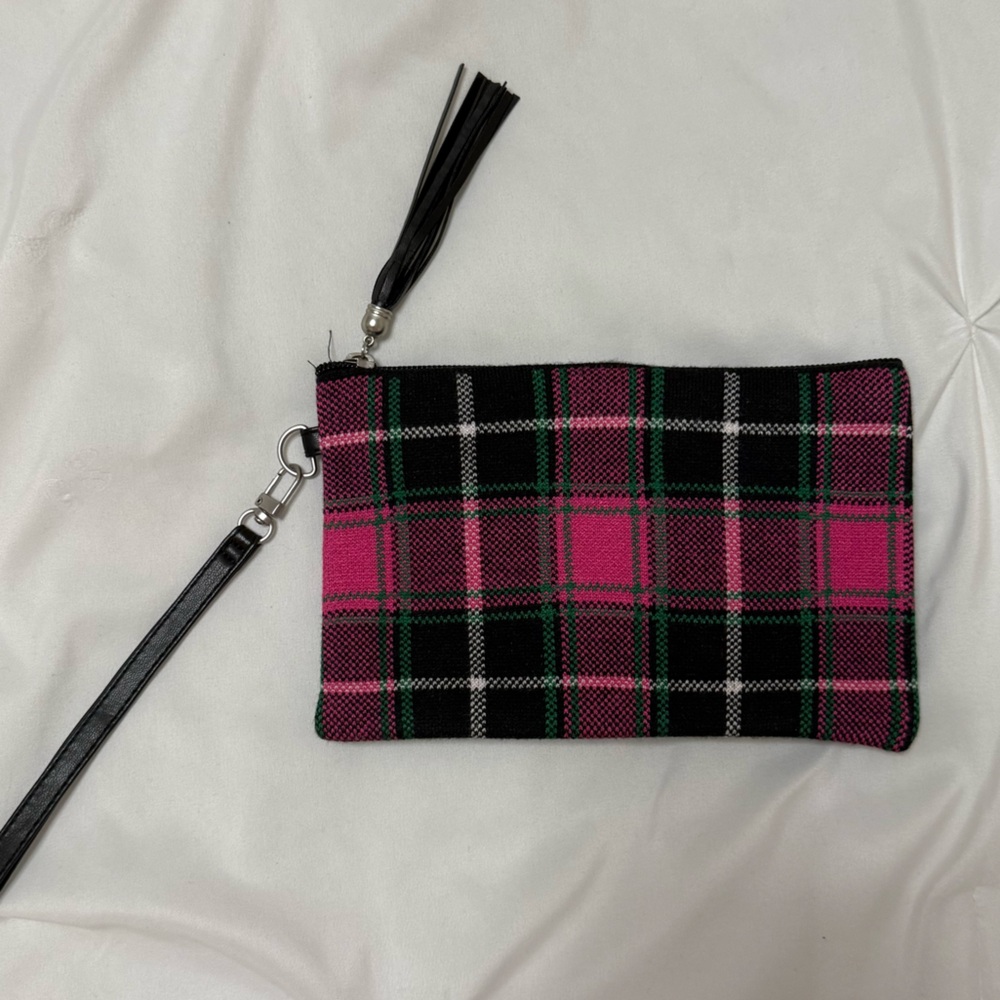 Plaid and Faux Leather Wristlet
